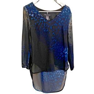 Juicy Couture Hi/Low Hem Long Sleeve Blue‎ Black Leopard Print Chiffon Top Sz M